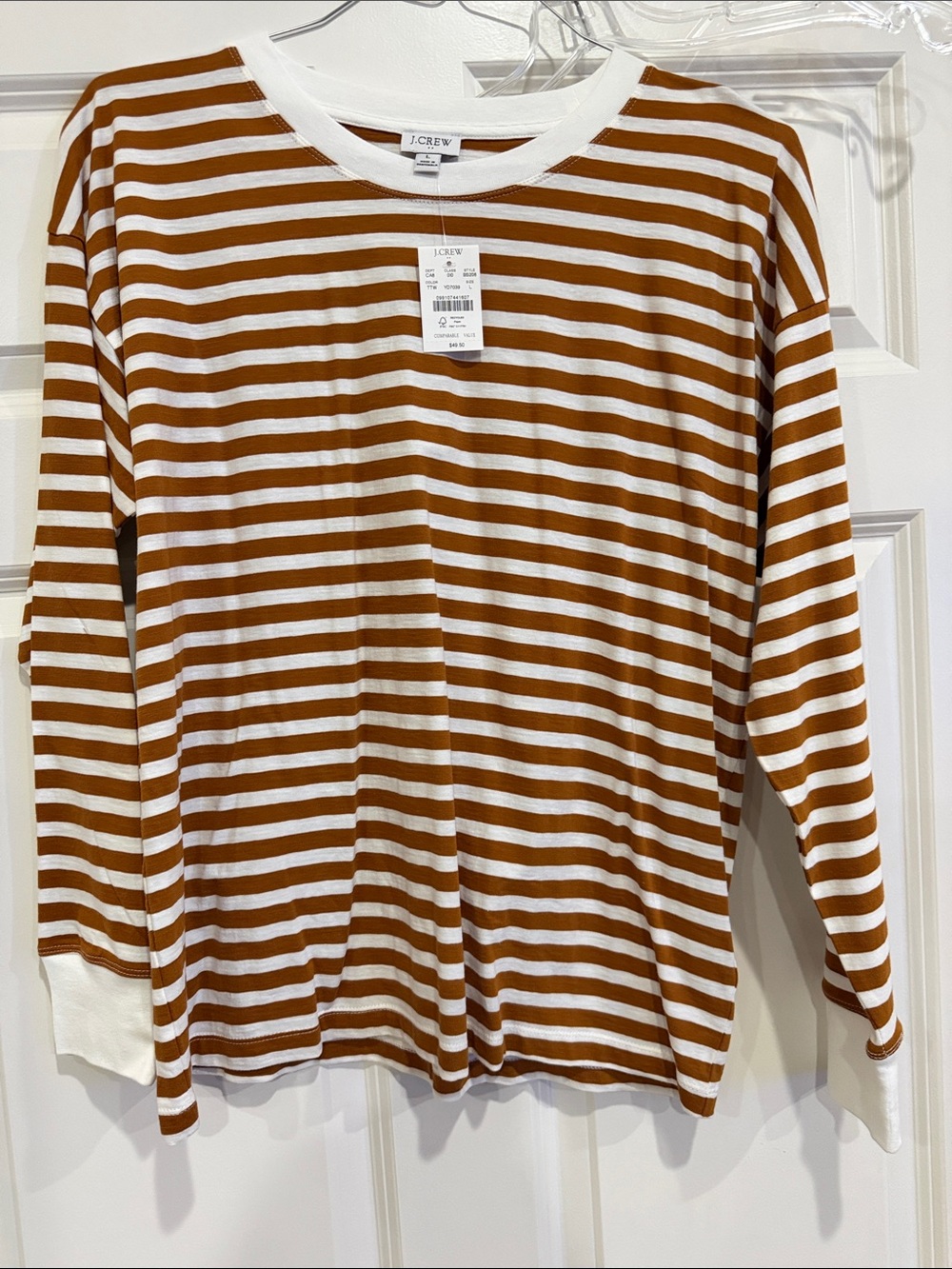 J. Crew White and Burnt Orange/White Striped Long-Sleeve Tee